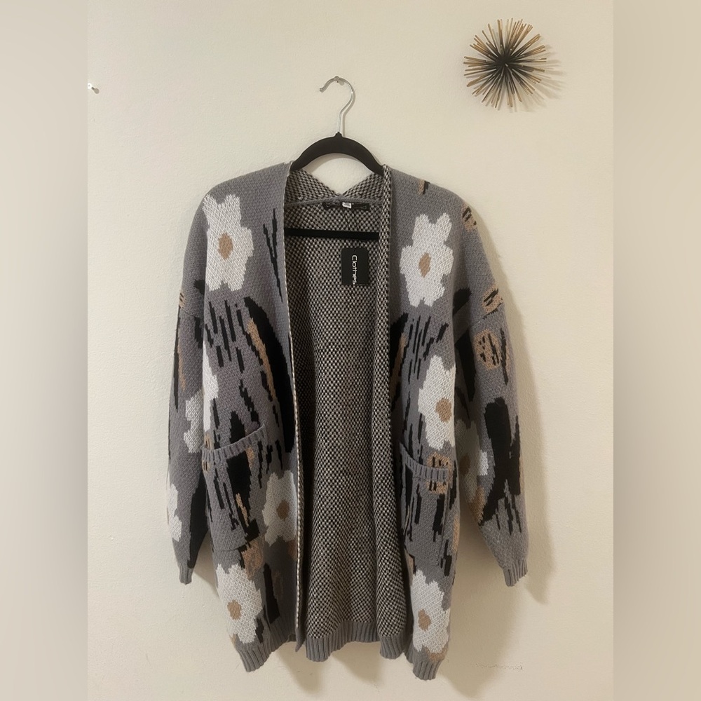 Chico's Gray and Black Floral Cardigan